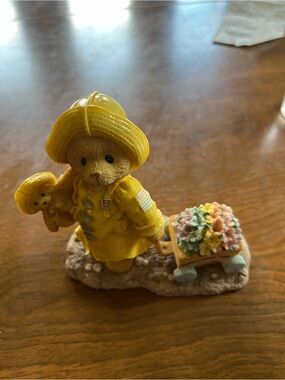 Enesco Yellow Raincoat Bear Figurine with Flower Cart